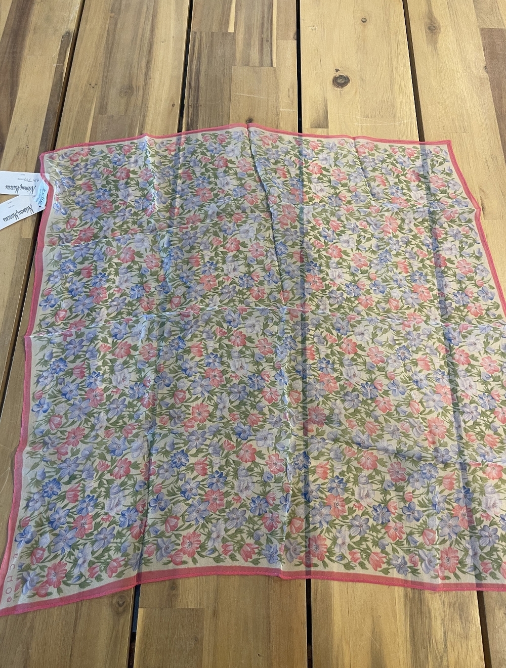 NWT‎ ECHO Classic Vintage Blue Pink Floral 100% Silk Square Scarf Neiman Marcus